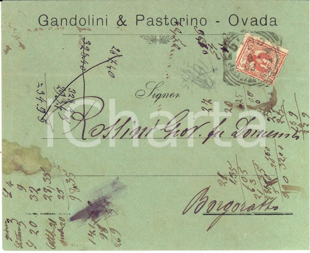 Manoscritto, lettera originale 1903 STORIA POSTALE OVADA Ditta GANDOLINI & PASTORINO Busta intestata cent. 2 1