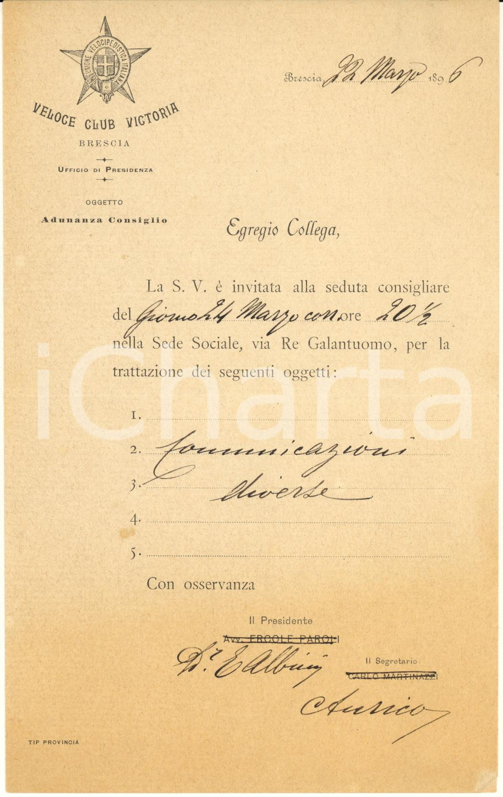 Documento originale, autentico 1896 BRESCIA CICLISMO Veloce Club Victoria  Invito adunanza consiglio 1