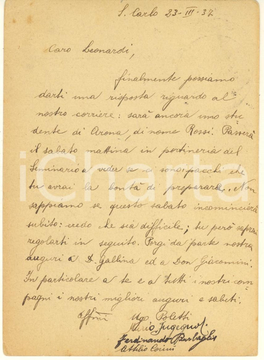 Autografo originale 1937 ARONA Seminario SAN CARLO  Cartolina Ugo POLETTI Attilio CORINI Autografi 1