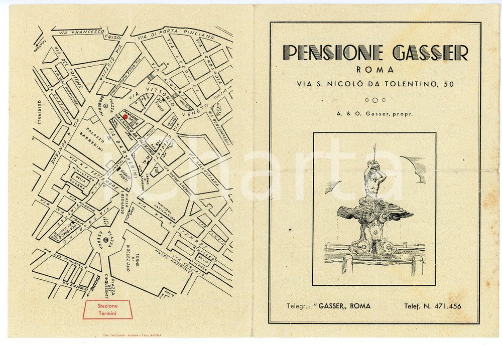 Materiale pubblicitario d’epoca 1930 ca ROMA Via S. Nicolò da Tolentino 50  Pensione GASSER Brochure 1