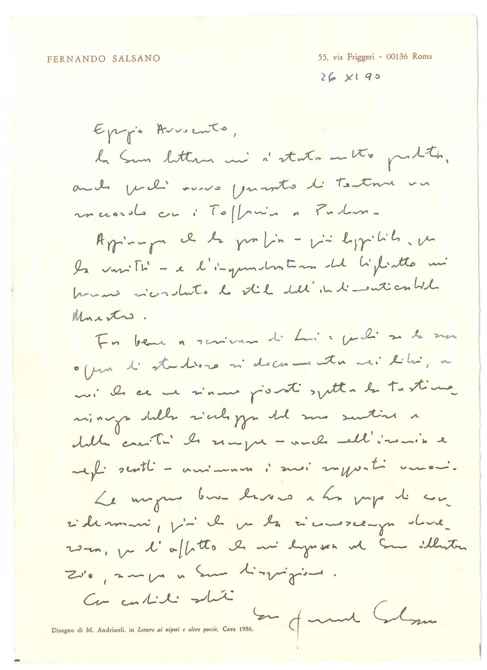 Autografo originale 1990 ROMA Lettera Fernando SALSANO a un amico Autografo con disegno ANDRIUOLI 1