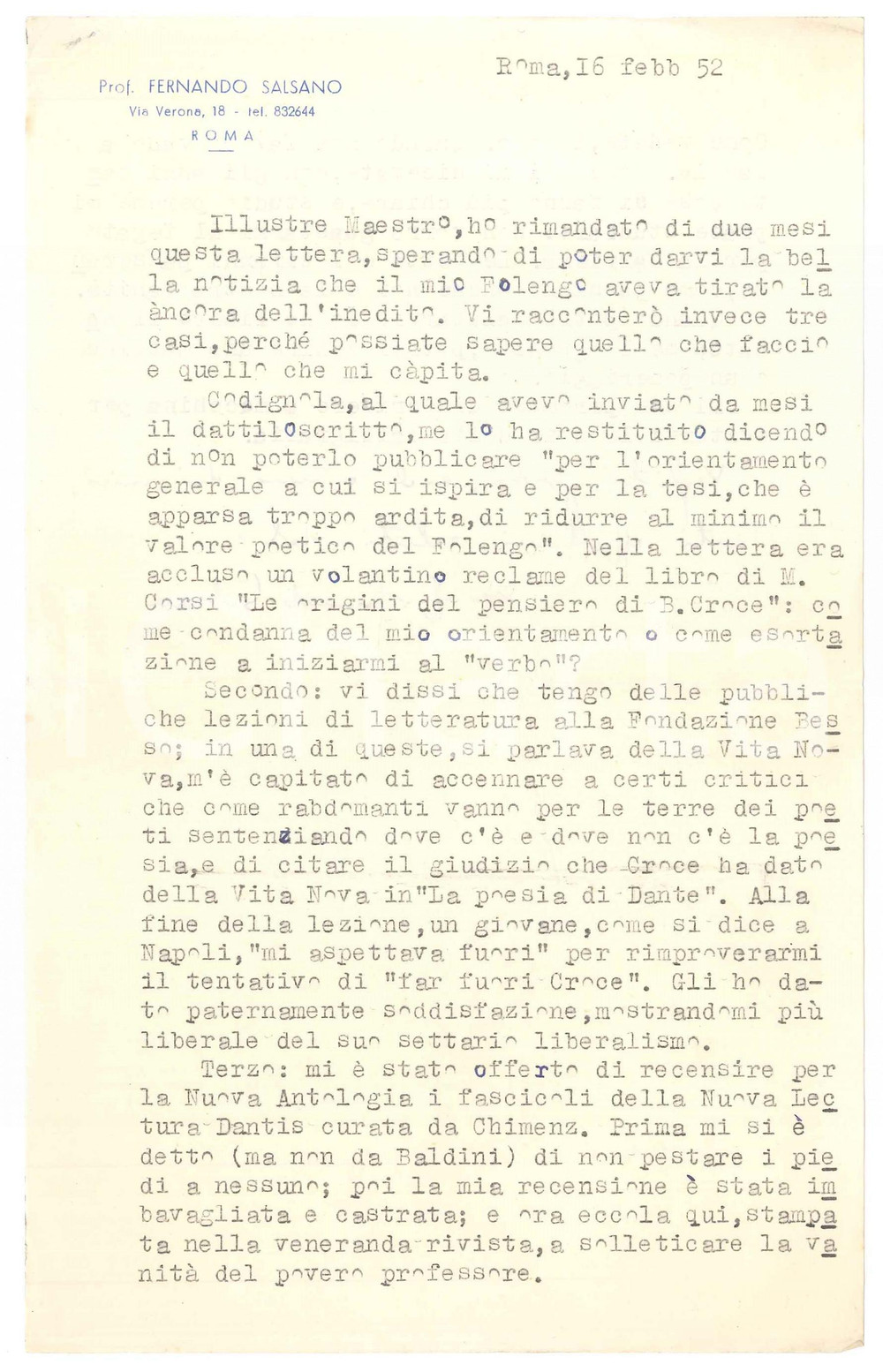Autografo originale 1952 ROMA Lettera Fernando SALSANO  Disavventure di uno studioso Autografo 1
