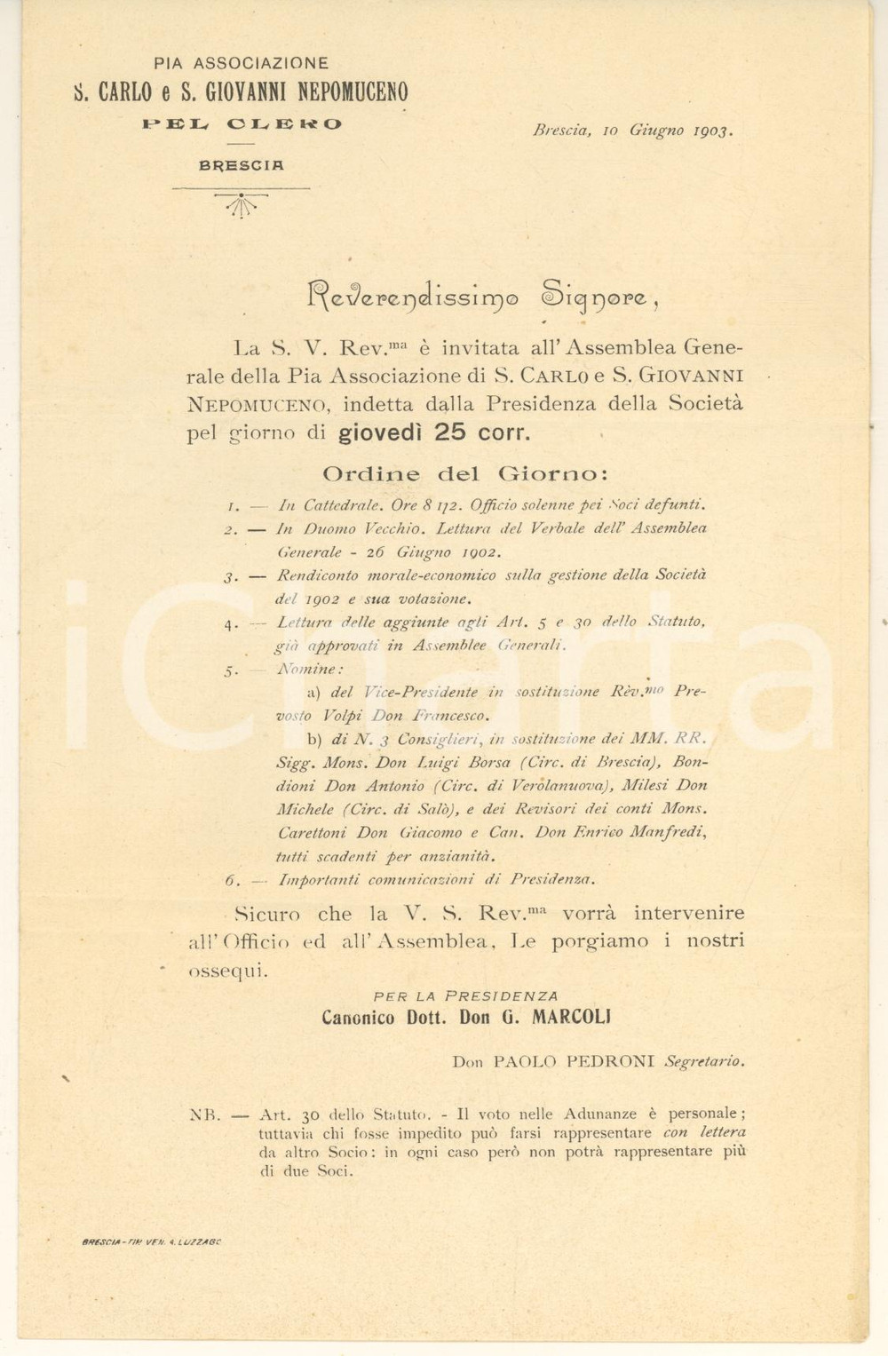 Manoscritto, lettera originale 1903 BRESCIA Associazione S. Carlo S. Giovanni Nepomuceno  Lettera assemblea 1