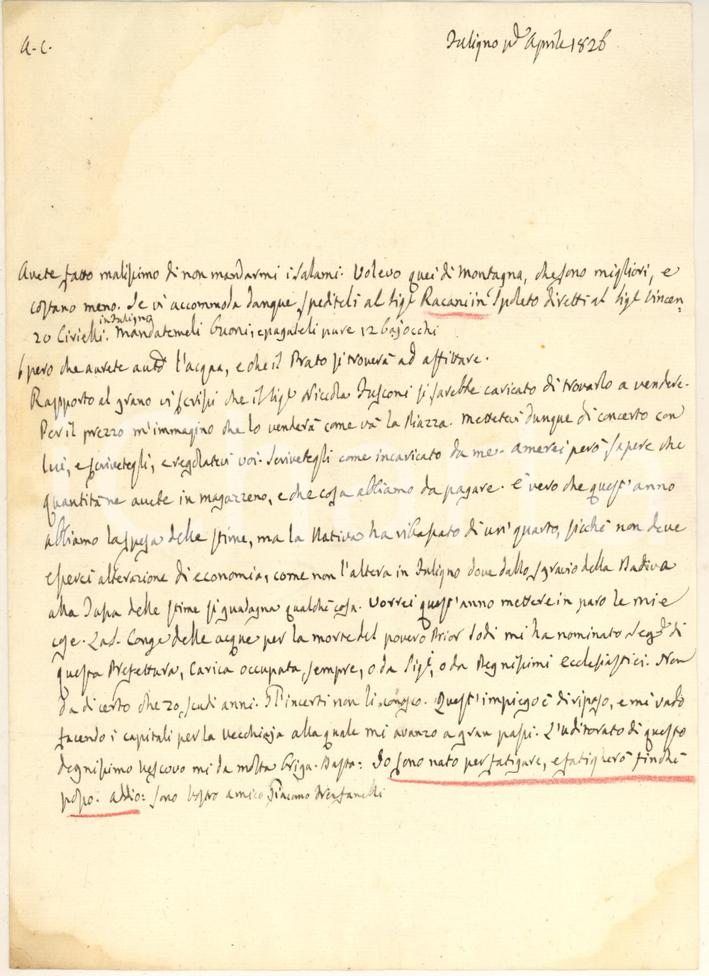 Manoscritto, lettera originale 1826 FOLIGNO Giacomo FRENFANELLI sul mancato invio di salami Lettera 1