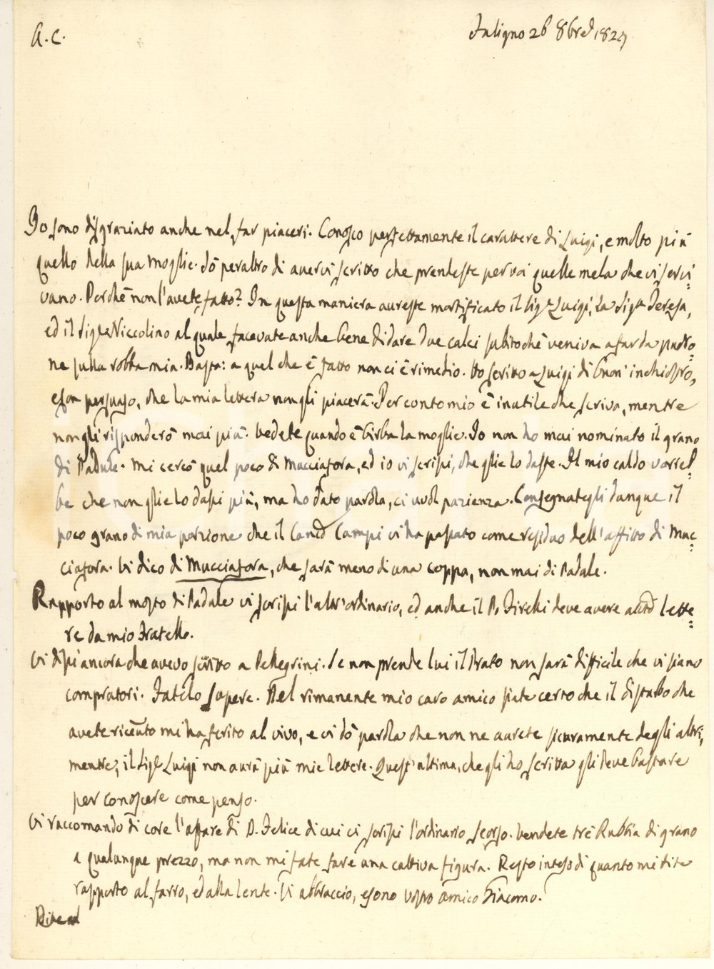 Manoscritto, lettera originale 1827 FOLIGNO Giacomo FRENFANELLI Sono disgraziato anche nel far piaceri 1