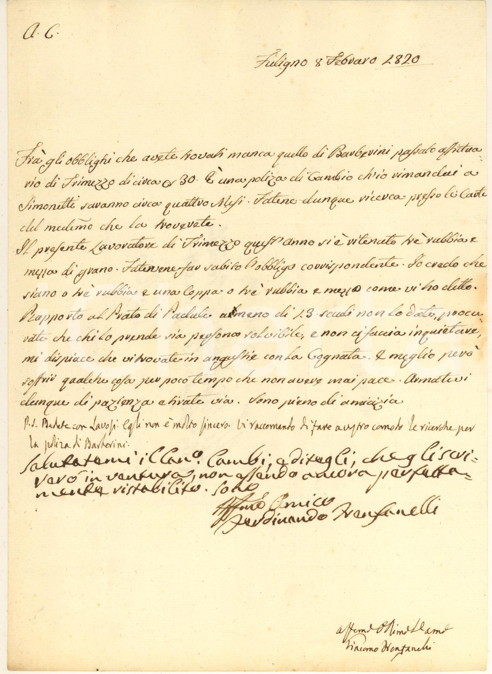 Manoscritto, lettera originale 1820 FOLIGNO Giacomo FRENFANELLI su pagamenti di mezzadri e affittuari 1
