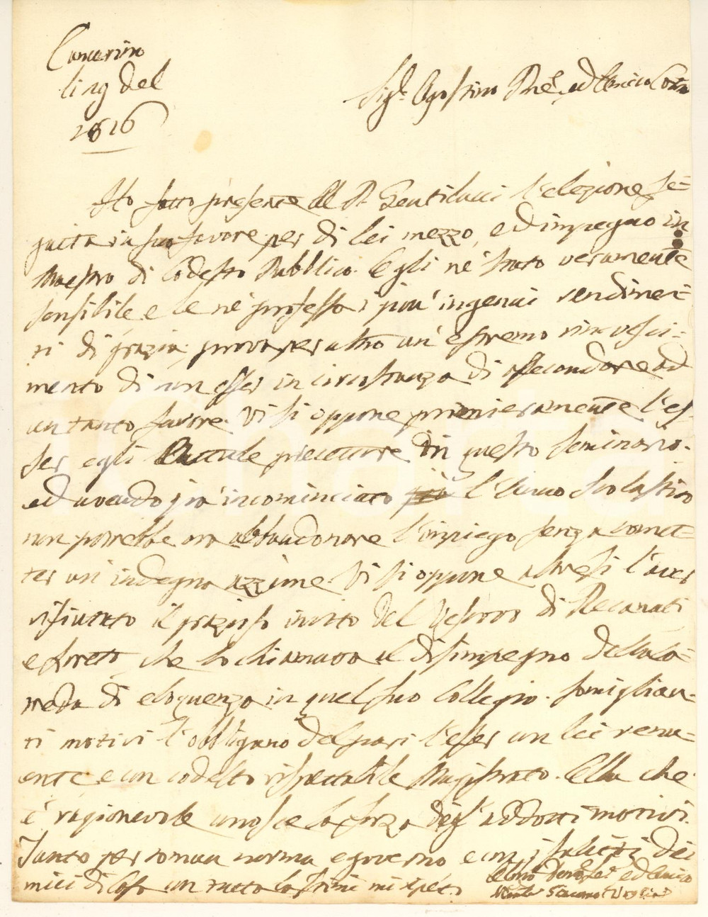 Manoscritto, lettera originale 1816 CAMERINO MC Lettera marchese Giacomo VOGLIA su impiego padre Gentilini 1
