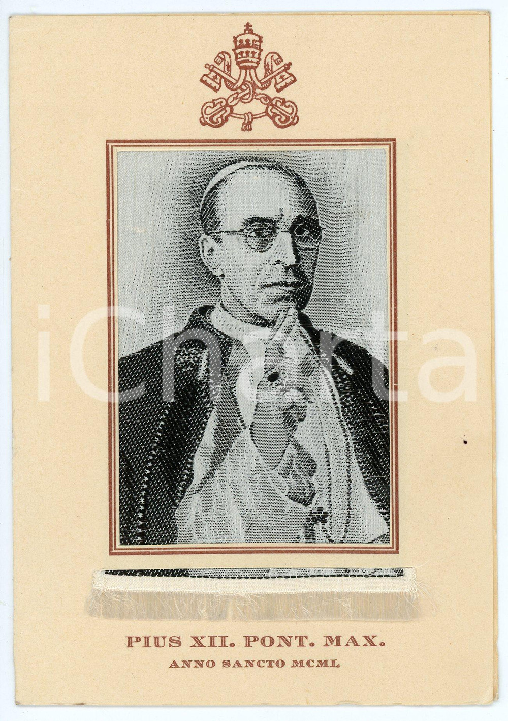 Cartolina originale da collezione 1950 UNIONE ITALIA CIECHI Pio XII Papa PACELLI Cartolina con ritratto in stoffa 1
