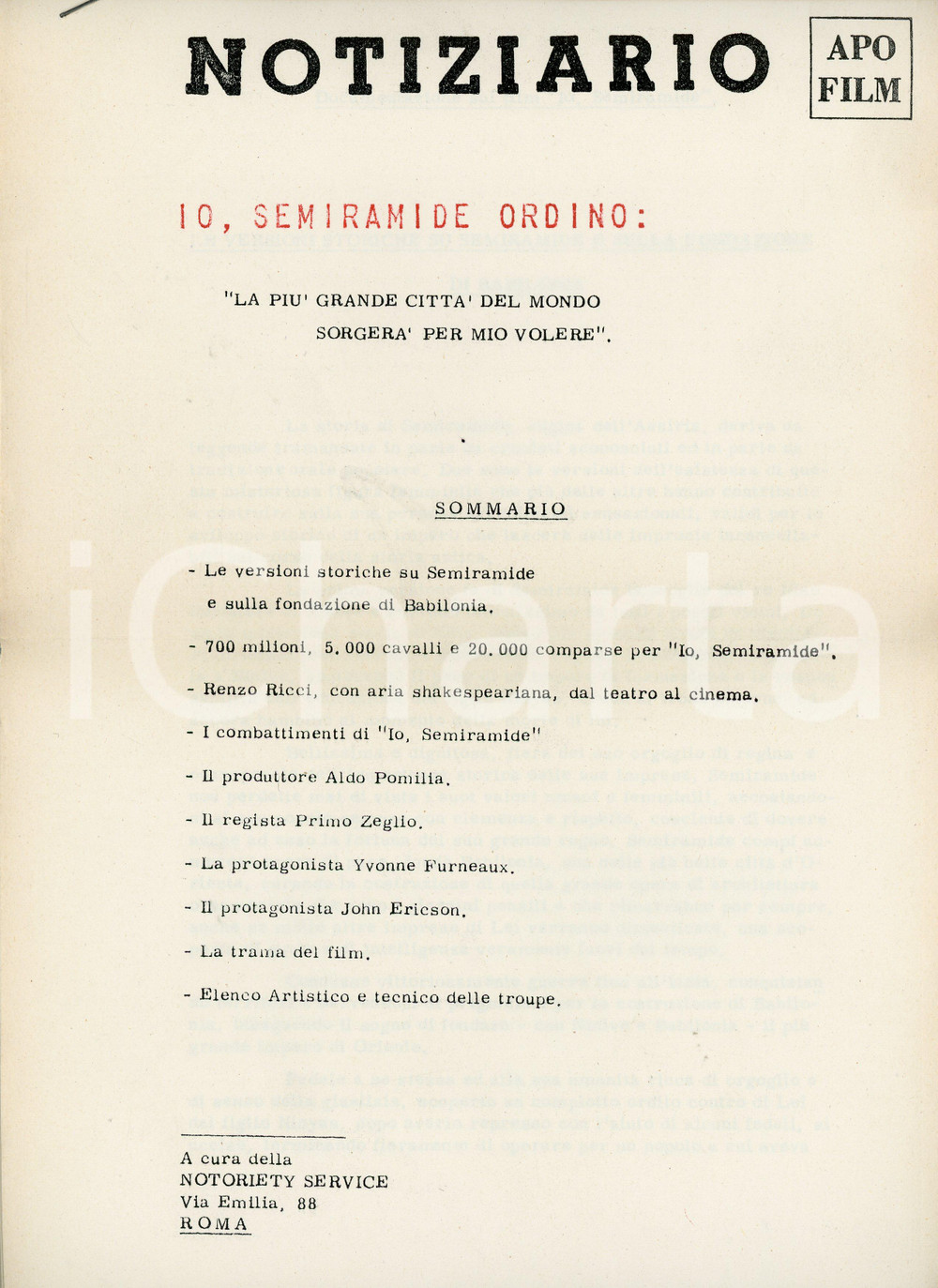 Oggetto da collezione cartaceo 1963 NOTIZIARIO APO FILM Press kit del film Io, Semiramide di Primo ZEGLIO 1