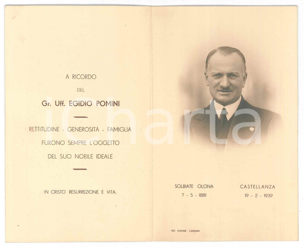 Oggetto da collezione cartaceo 1939 CASTELLANZA In memoria del Gr. Uff. Egidio POMINI Santino per lutto 1
