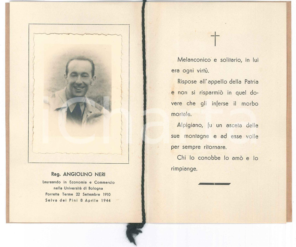 Oggetto da collezione cartaceo 1944 SELVA DEI PINI In memoria del Rag. Angiolino NERI Santino per lutto 1
