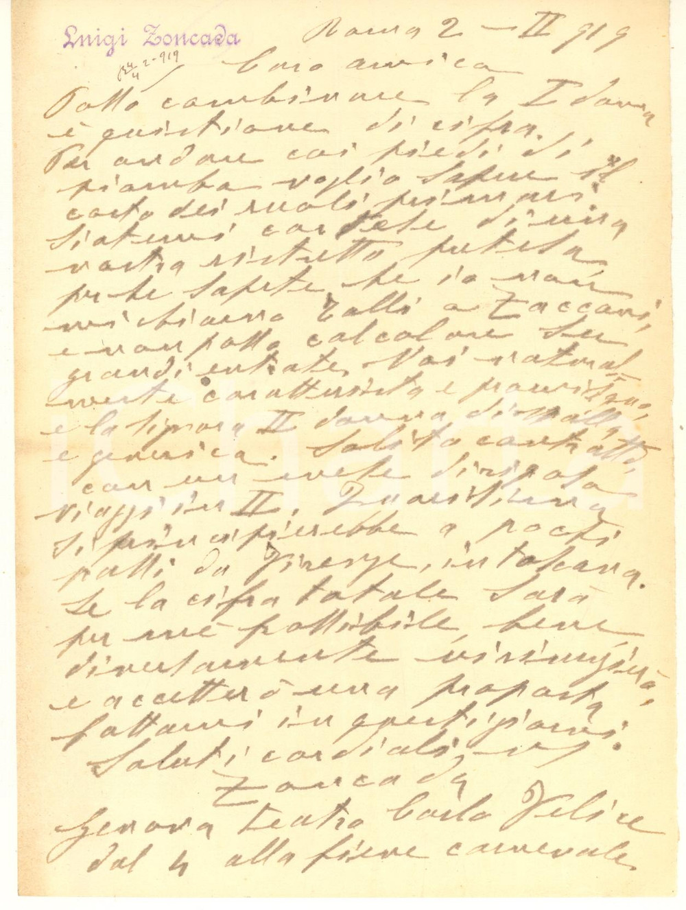 Autografo originale 1919 ROMA Attore Luigi ZONCADA sulle reali entrate di un ingaggio  AUTOGRAFO 1
