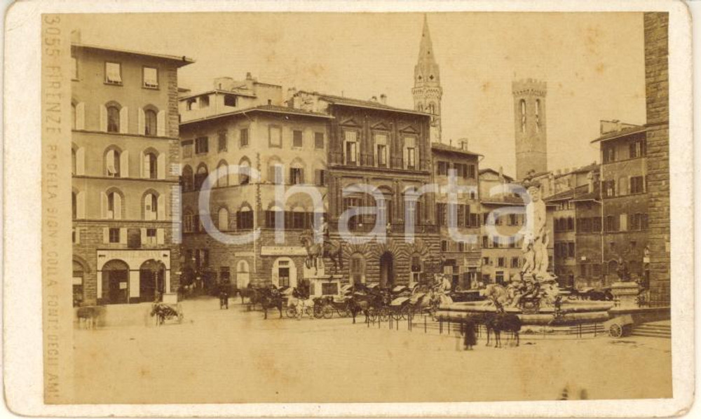Fotografia d epoca originale 1870 ca FIRENZE Piazza della Signoria  Veduta con carrozze Foto MAGGI CDV 1