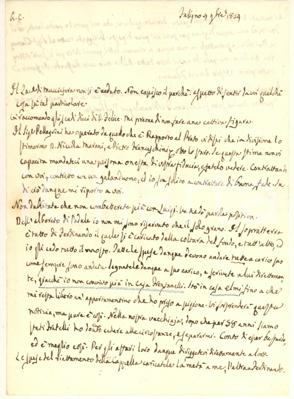 Manoscritto, lettera originale 1824 FOLIGNO Nobile Giacomo FRENFANELLI in affitto separato dal fratello Lettera 1