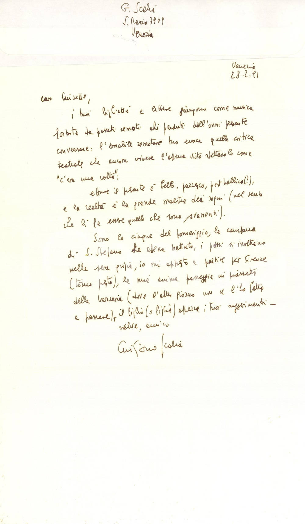 Autografo originale 1991 VENEZIA Giuliano SCABIA La realtà è la maestra dei sogni AUTOGRAFO 1