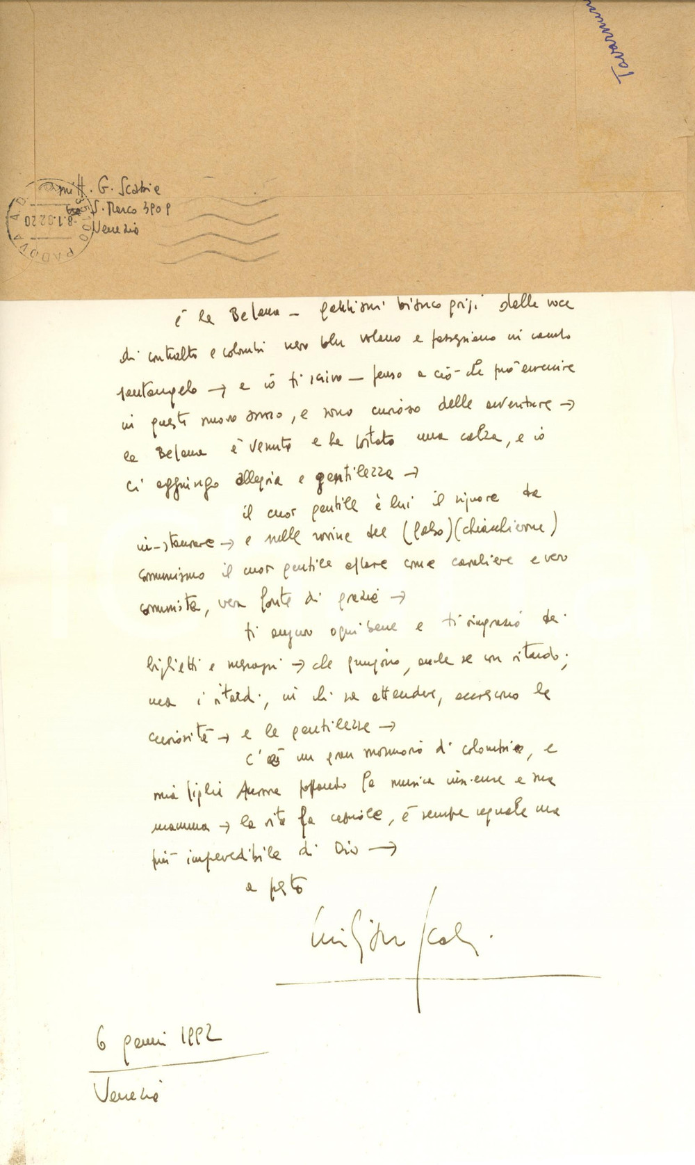 Autografo originale 1992 VENEZIA Giuliano SCABIA  Auguri nel giorno dell Epifania AUTOGRAFO 1