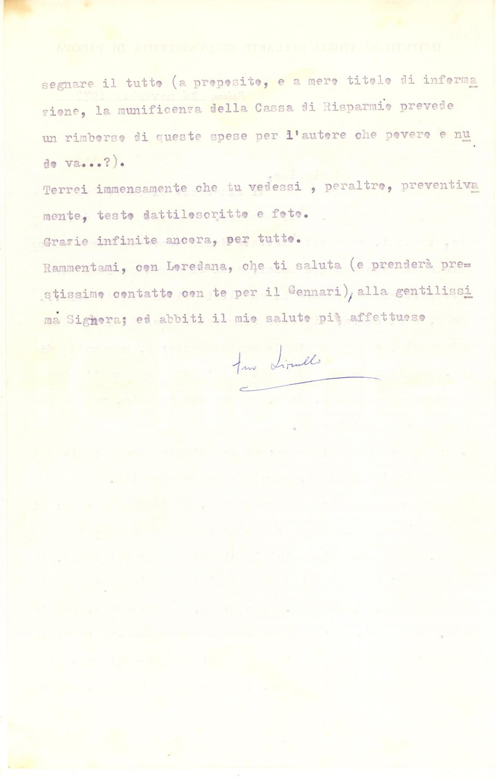 Autografo originale 1977 PADOVA Lettera Lionello PUPPI per volumi ricevuti da un collega AUTOGRAFO 1