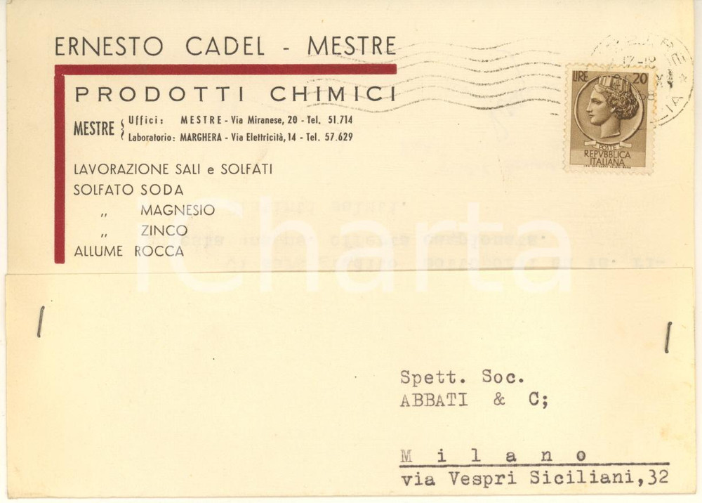 Cartolina originale da collezione 1958 MESTRE VE Ernesto CADEL  Prodotti chimici Cartolina intestata FG VG 1