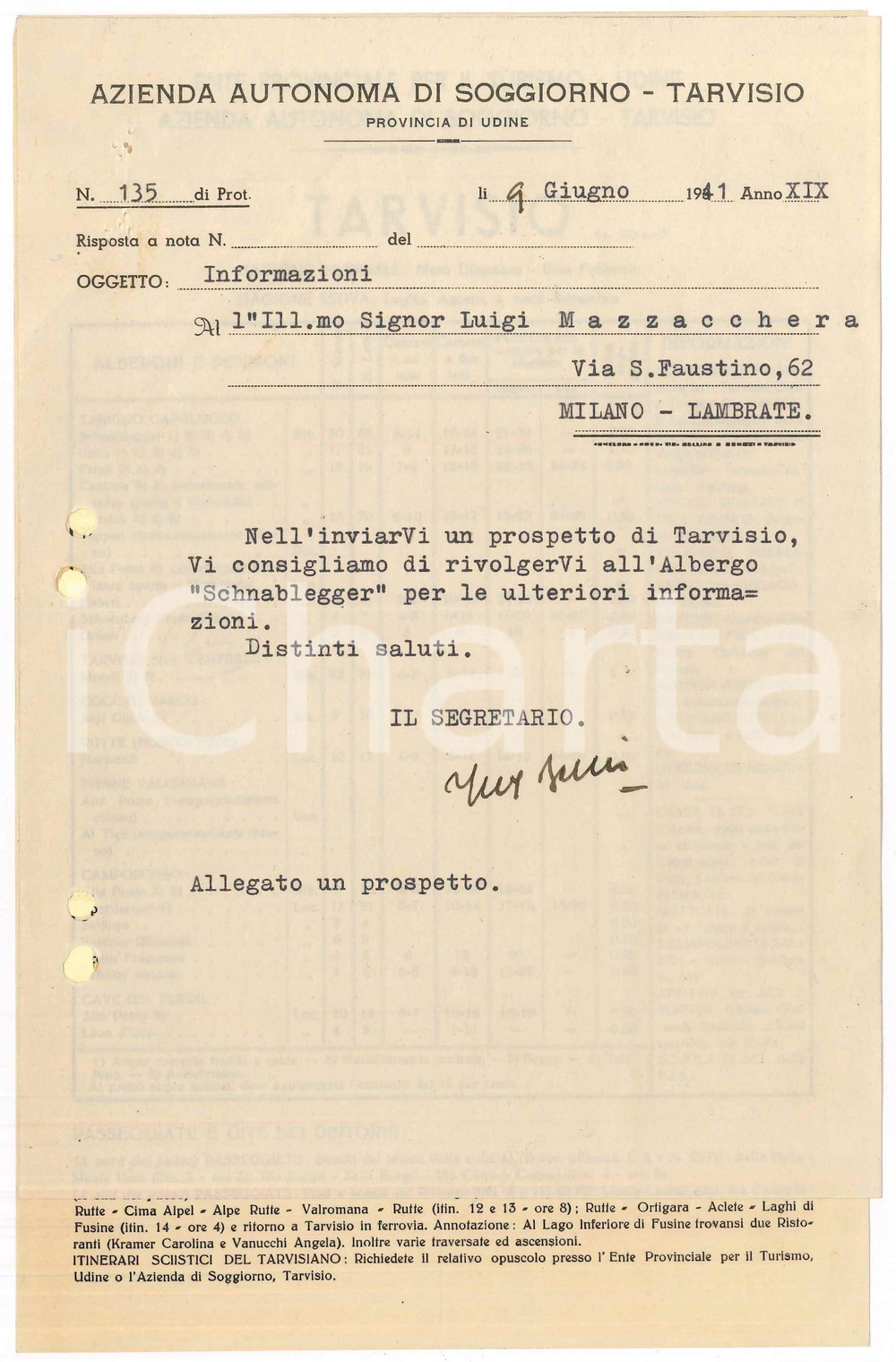 Documento originale, autentico 1941 TARVISIO Prospetto hotel e consiglio di soggiorno a Albergo SCHNABLEGGER 1