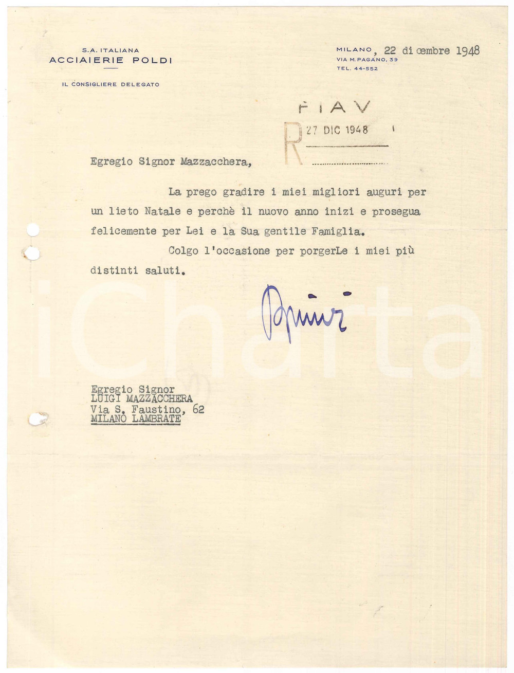 Documento originale, autentico 1948 MILANO Via Pagano 39 ACCIAIERIE POLDI Auguri di Natale a Luigi MAZZACCHERA 1