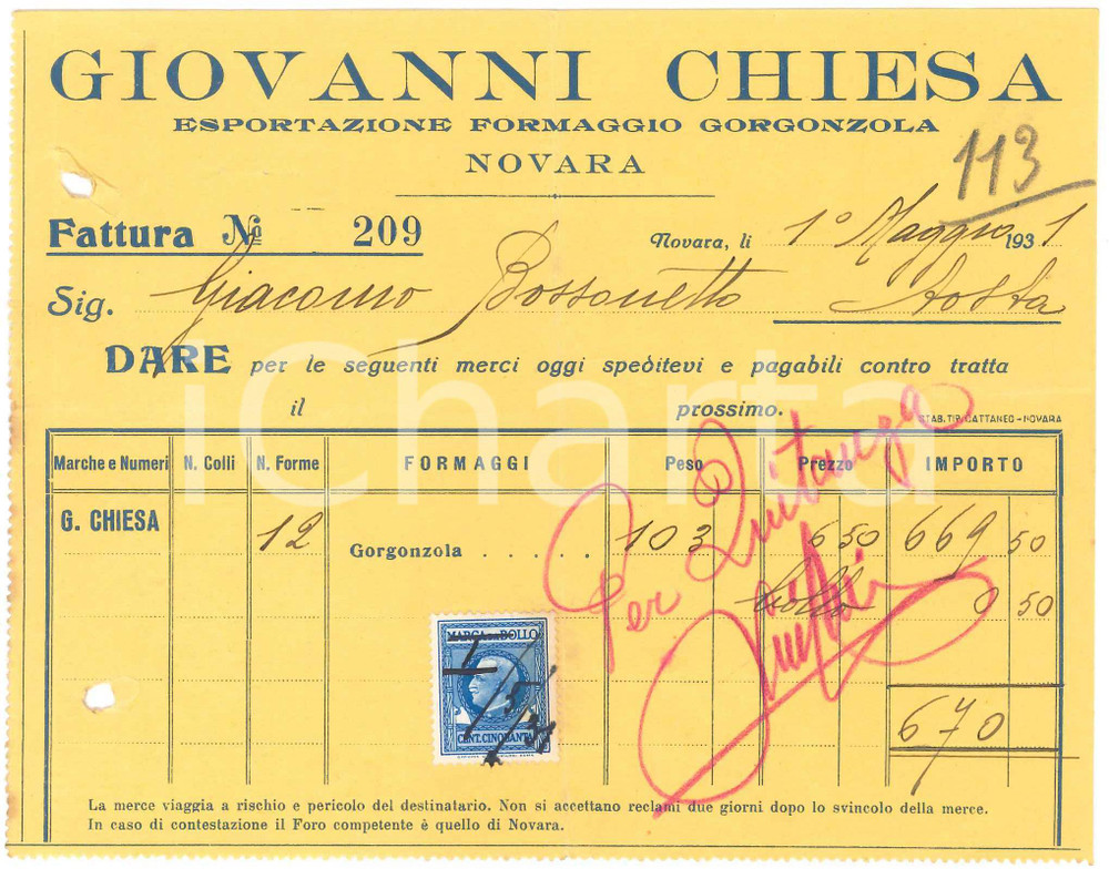 Documento originale, autentico 1931 NOVARA Giovanni CHIESA Fattura per gorgonzola  17x13 cm 1 1