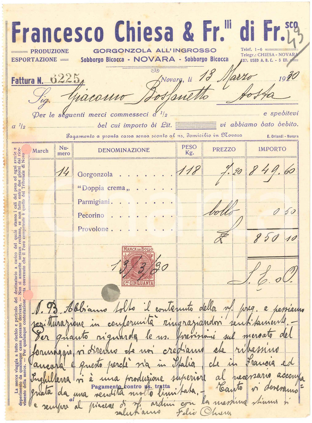 Documento originale, autentico 1931 NOVARA  BICOCCA Francesco CHIESA Fattura per gorgonzola  17x23 cm 1
