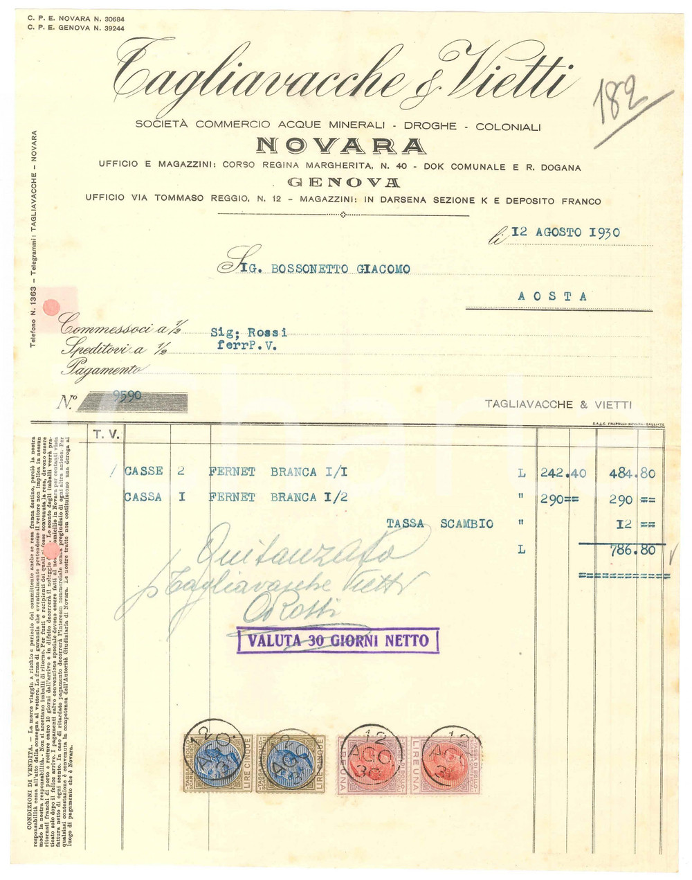 Documento originale, autentico 1930 NOVARA Tagliavacche e Vietti  Fattura per FERNET BRANCA 22x28 cm 1
