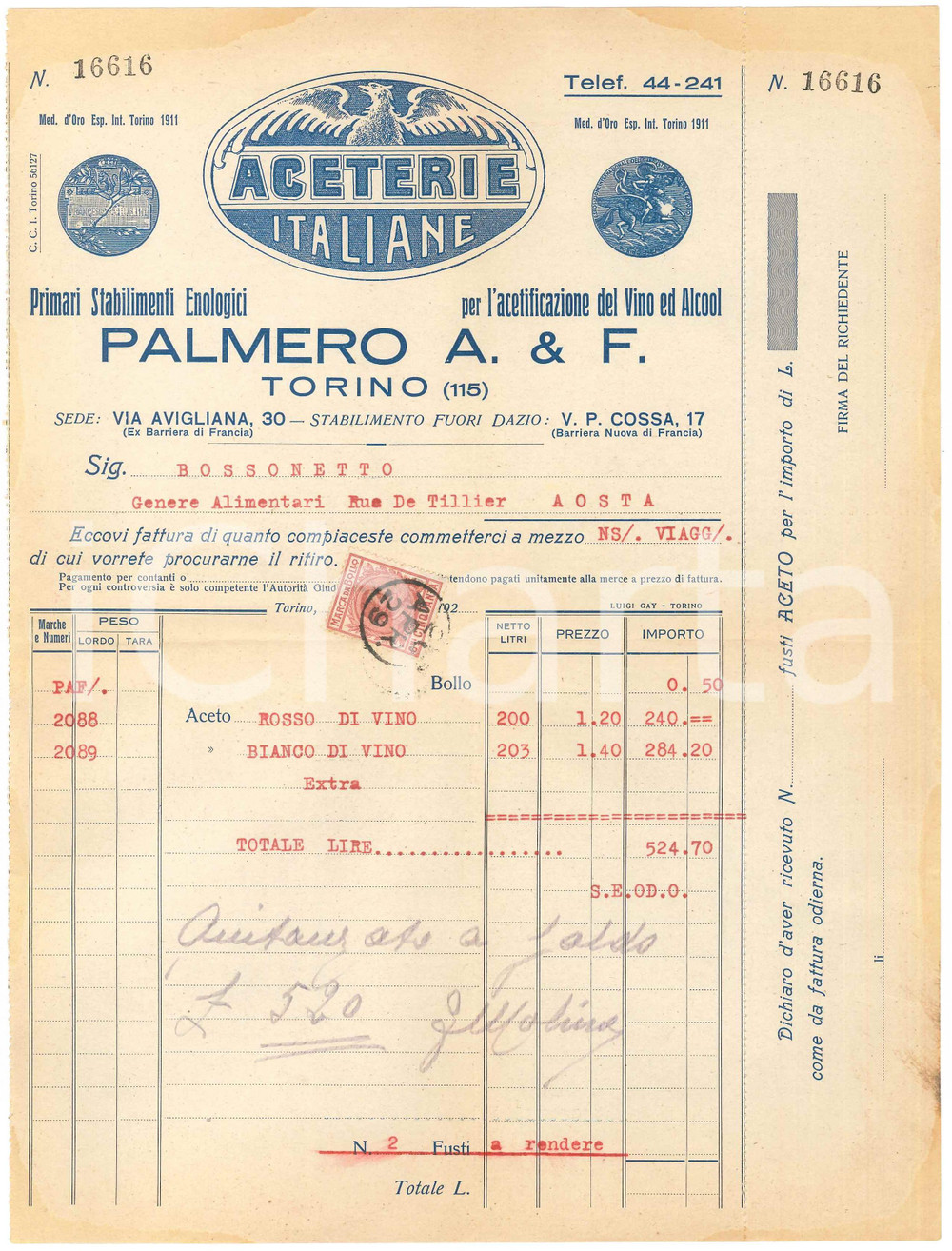 Documento originale, autentico 1928 TORINO Via Avigliana 30  PALMERO A. e F. Aceterie Italiane  Fattura aceto 1