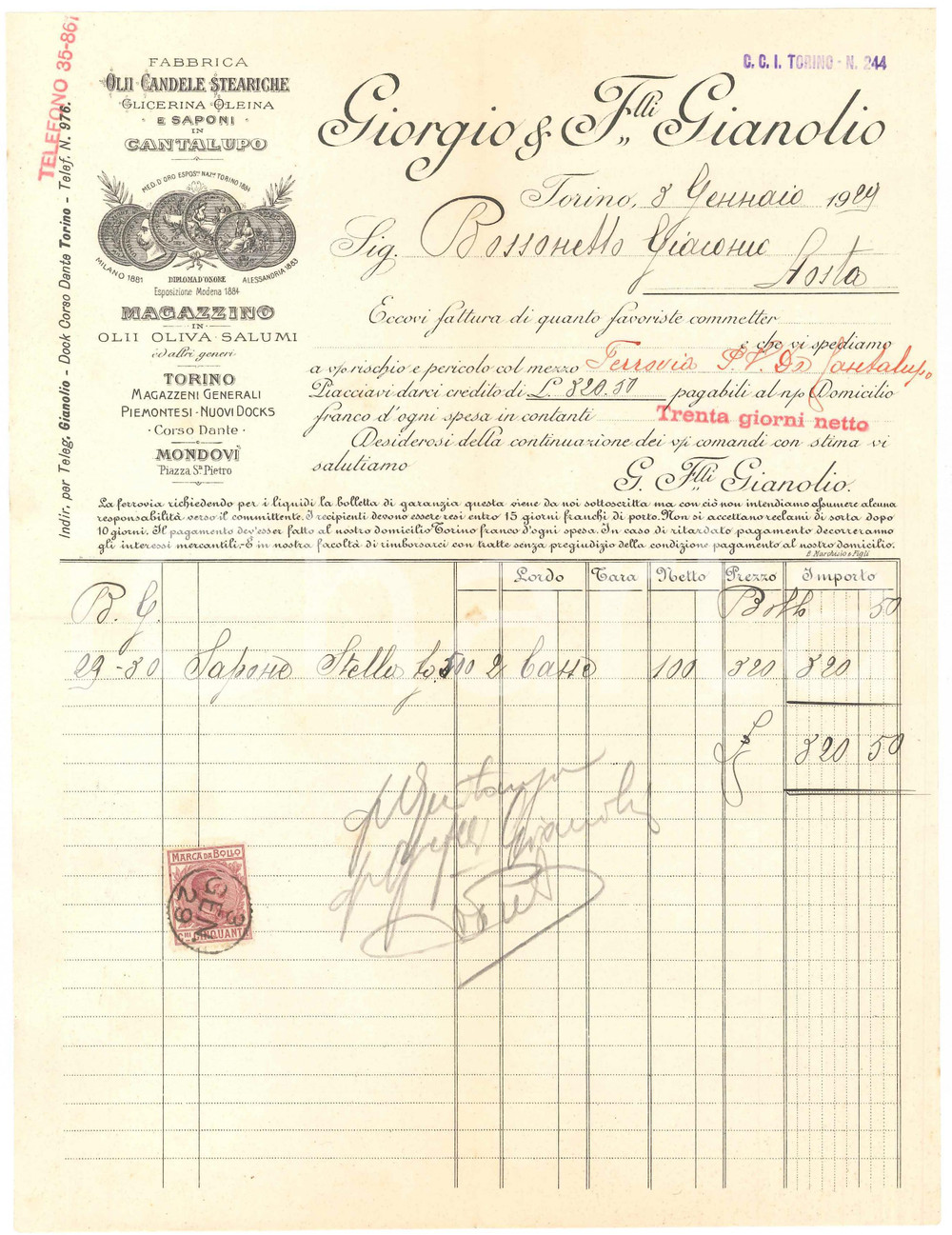 Documento originale, autentico 1929 TORINO Corso Dante  Giorgio GIANOLIO Fattura per Sapone Stella 21x28 cm 1 1