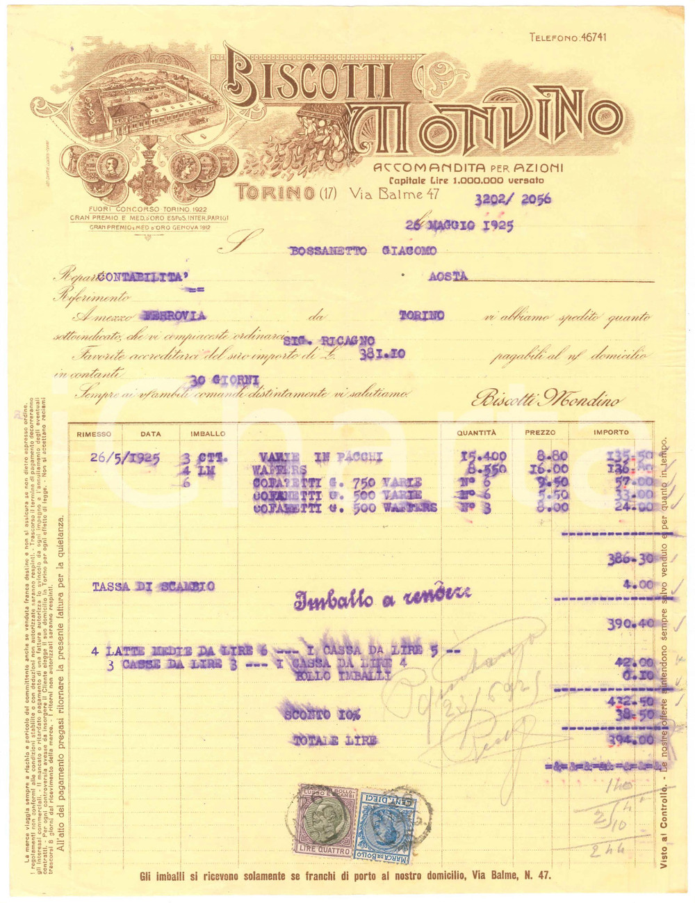 Documento originale, autentico 1926 TORINO via Balme 47  Biscotti MONVINO Fattura ILLUSTRATA 2 1