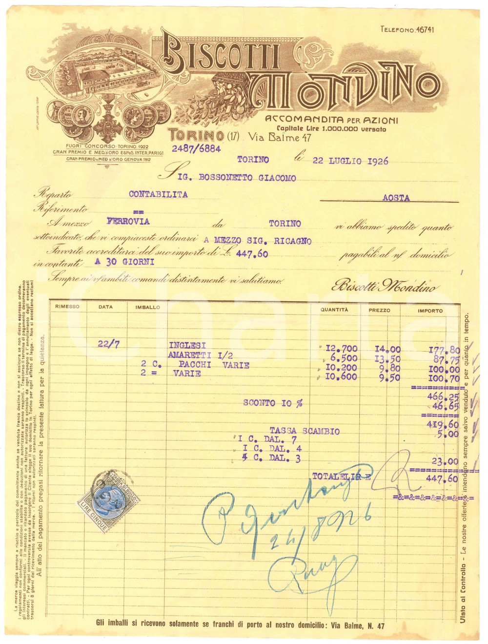 Documento originale, autentico 1926 TORINO via Balme 47  Biscotti MONVINO Fattura per amaretti ILLUSTRATA 3 1