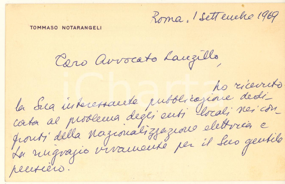 Autografo originale 1969 ROMA Biglietto Tommaso NOTARANGELI  Ringraziamenti Autografo 1