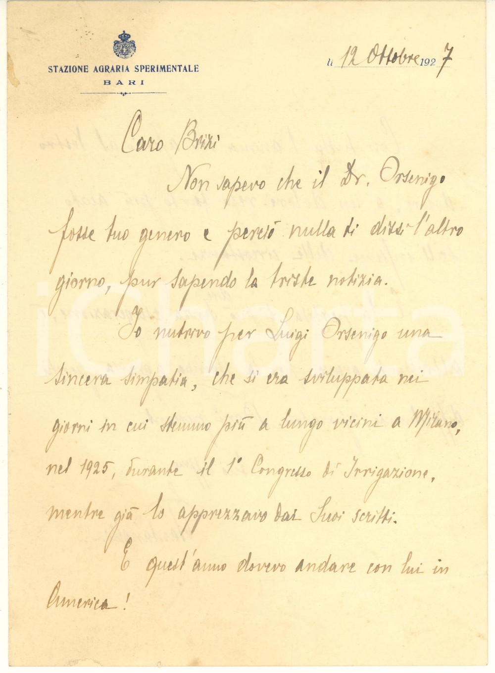 Autografo originale 1927 BARI Stazione Agraria Sperimentale  Lettera Enrico PANTANELLI Autografo 1