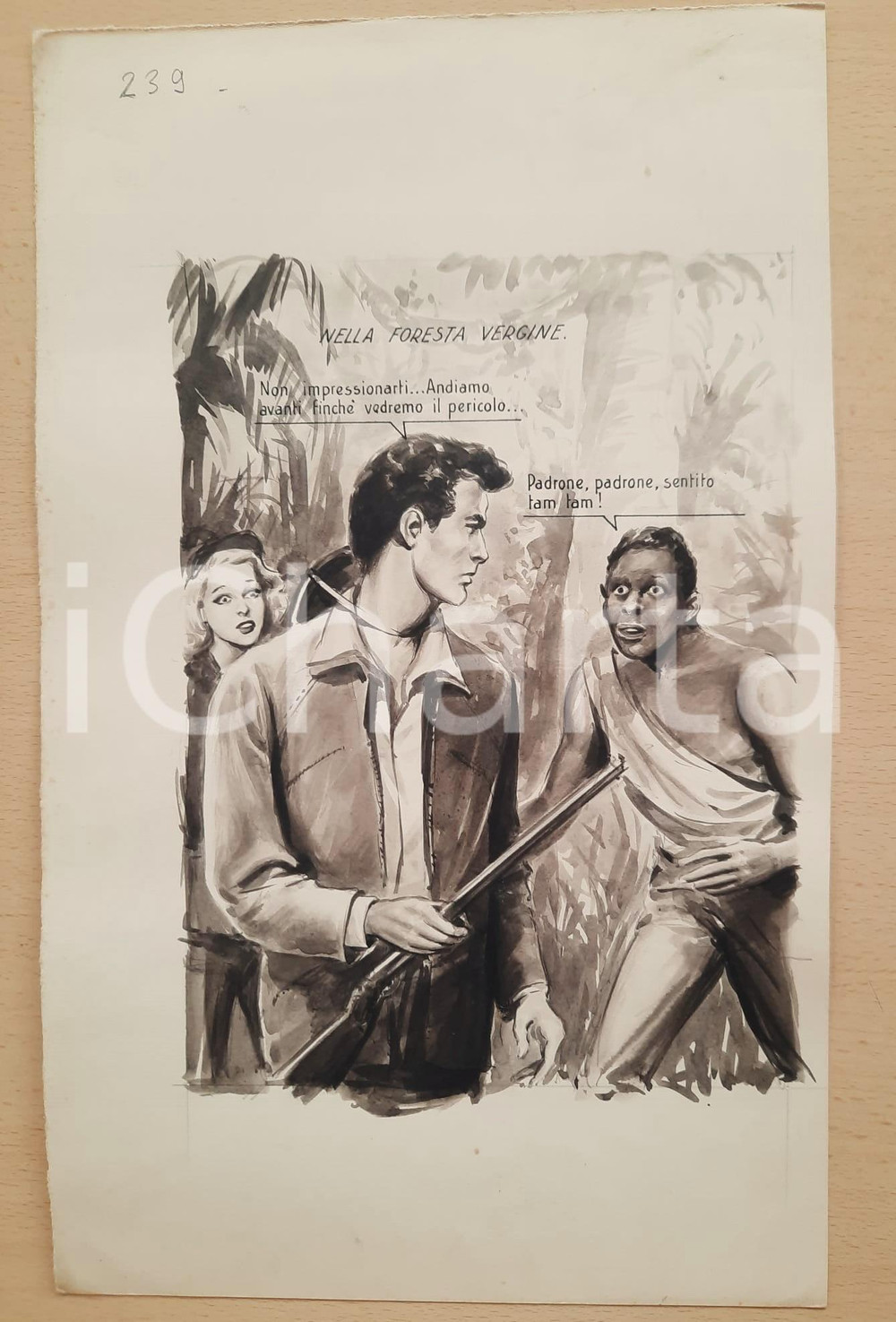 Opera d’arte autentica 1955 ca BOZZETTO ORIGINALE Esploratori nella foresta vergine Illustrazione CESI 1