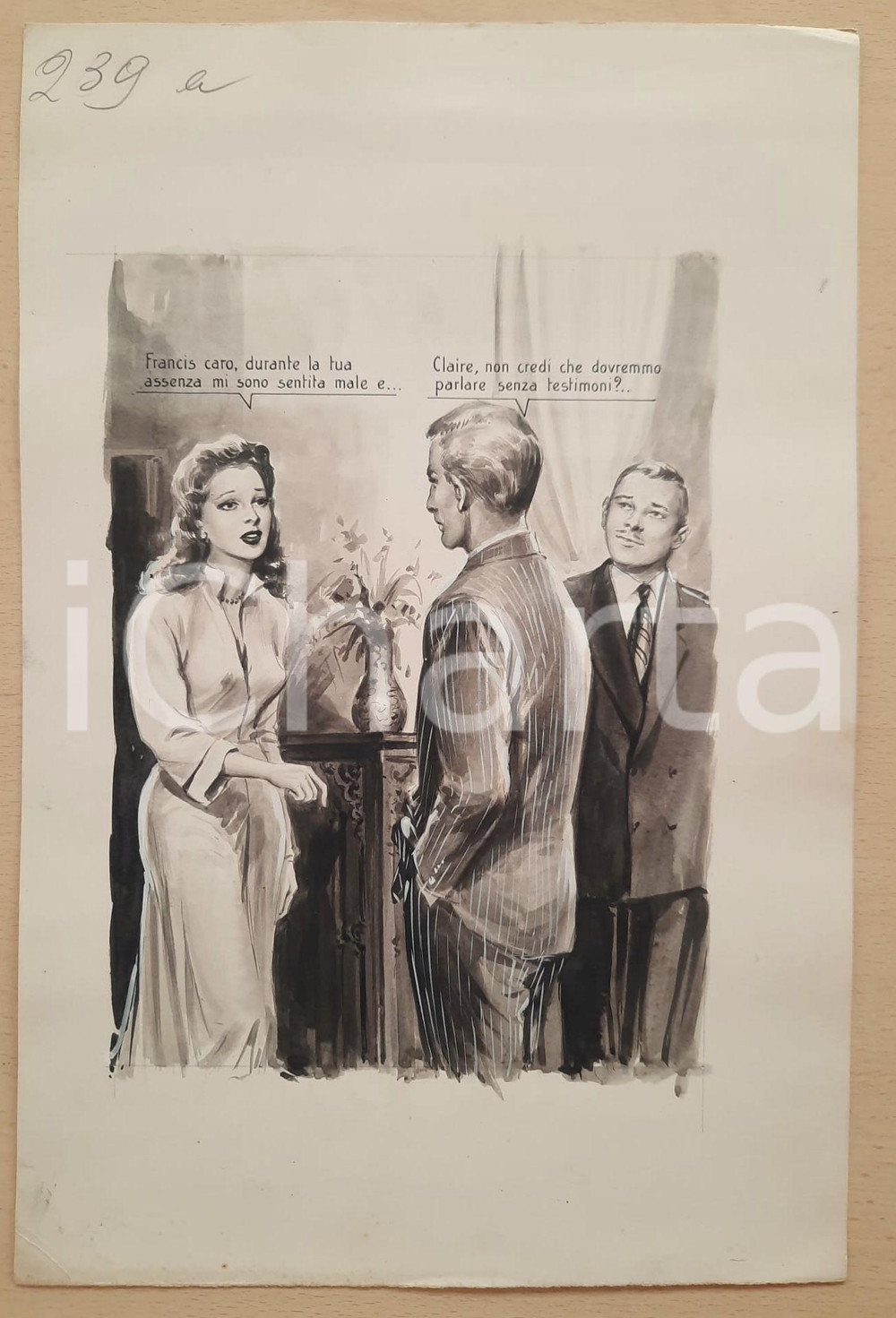 Opera d’arte autentica 1955 ca BOZZETTO ORIGINALE Uomo origlia conversazione tra due fidanzati CESI 1