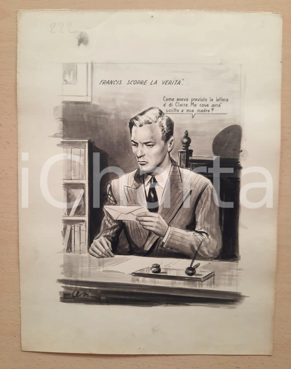 Opera d’arte autentica 1955 ca BOZZETTO ORIGINALE Uomo controlla corrispondenza allo scrittoio CESI 1