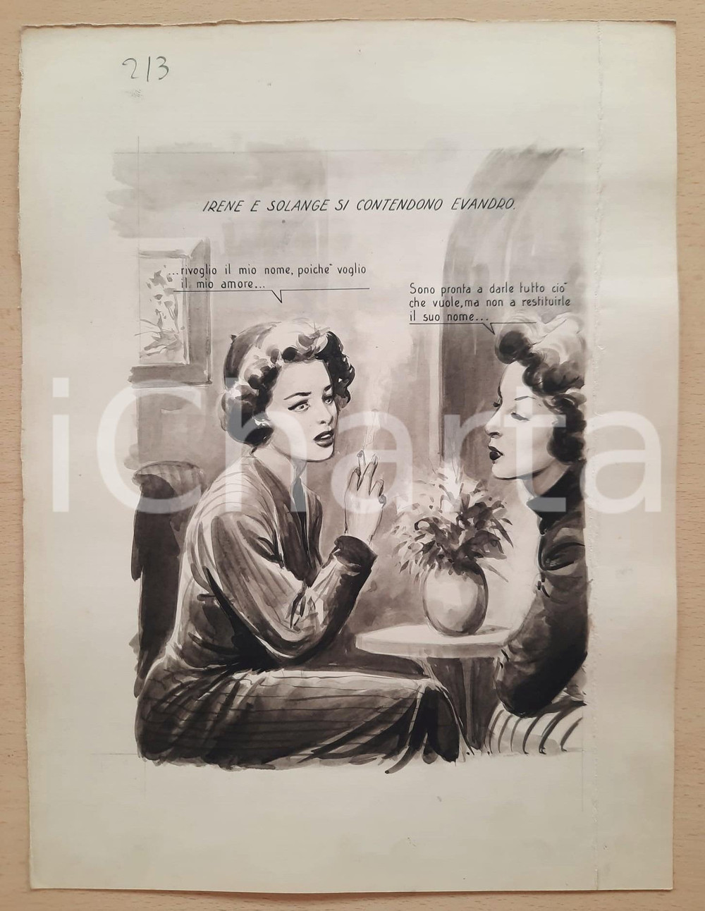Opera d’arte autentica 1955 ca BOZZETTO ORIGINALE Due donne si contendono un uomo Illustrazione CESI 1