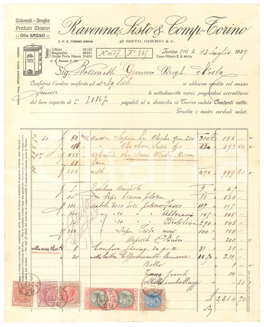 Documento originale, autentico 1929 TORINO Corso Vittorio Emanuele II 44 bis RAVENNA SISTO Fattura per olio 1