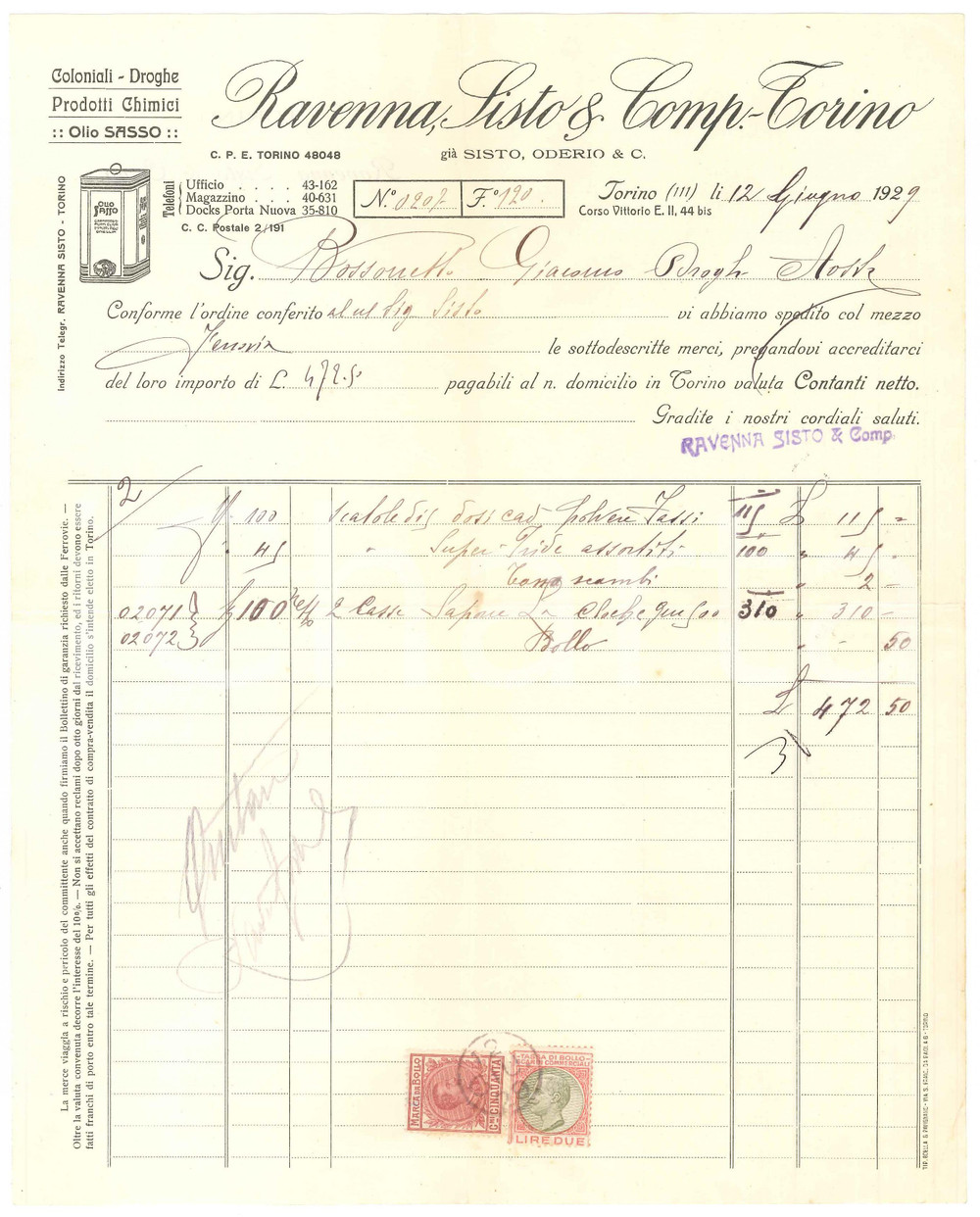 Documento originale, autentico 1929 TORINO Corso Vittorio Emanuele II 44 bis RAVENNA SISTO Fattura per sapone 1