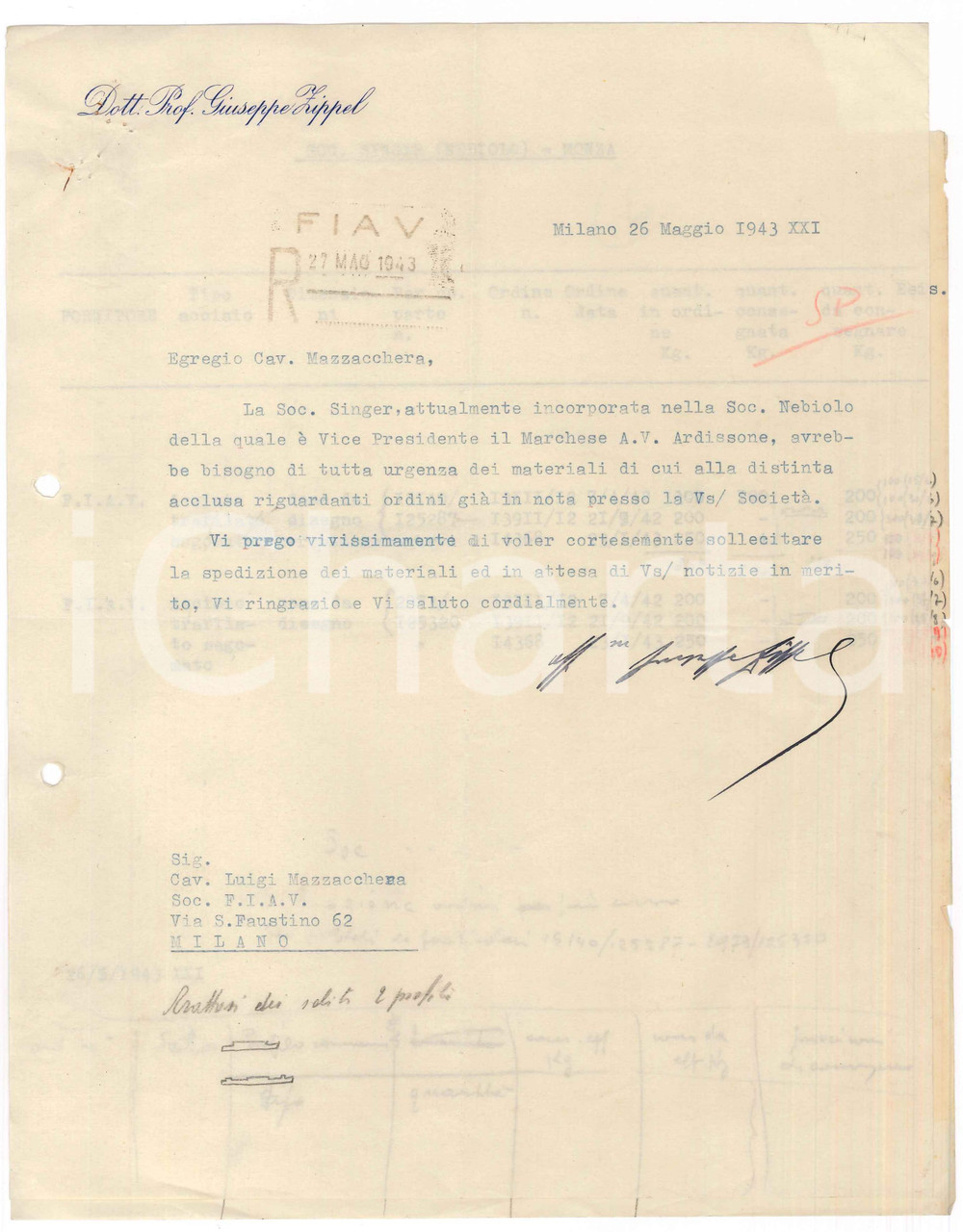 Documento originale, autentico 1943 MILANO Giuseppe ZIPPEL scrive a FIAV per consegna acciaio a Ditta SINGER 1