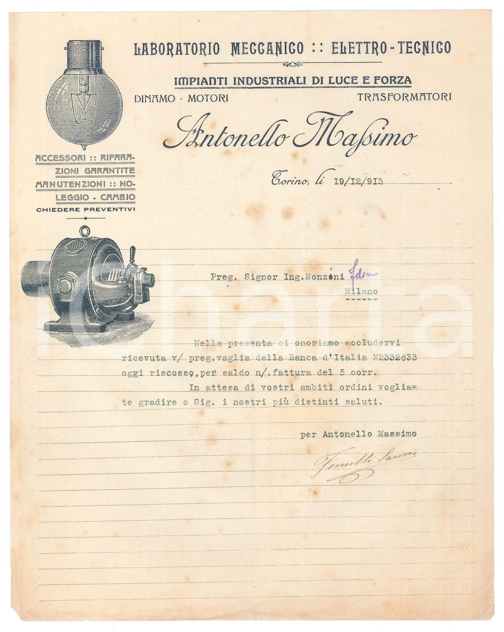 Documento originale, autentico 1913 TORINO Laboratorio meccanico elettrotecnico Antonello MASSIMO Lettera 1