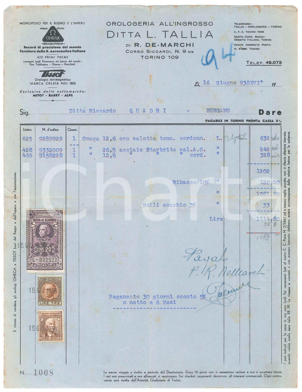 Documento originale, autentico 1938 TORINO Corso Siccardi 9 Orologeria L. TALLIA Fattura per orologi OMEGA 1
