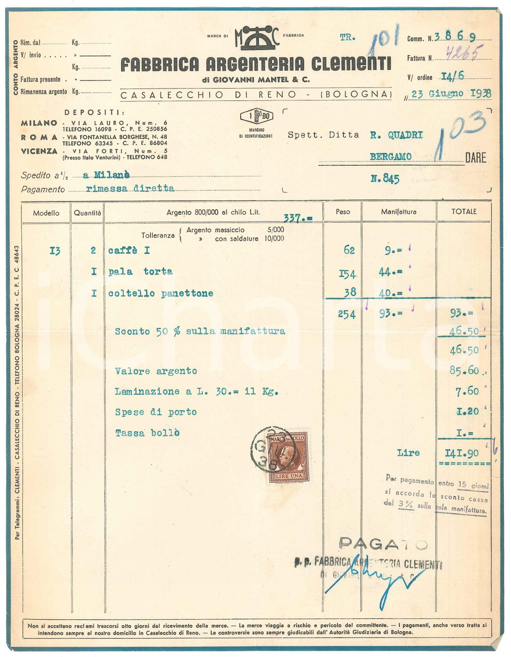 Documento originale, autentico 1938 CASALECCHIO DI RENO Fabbrica argenterie CLEMENTI Fattura coltello panettone 1