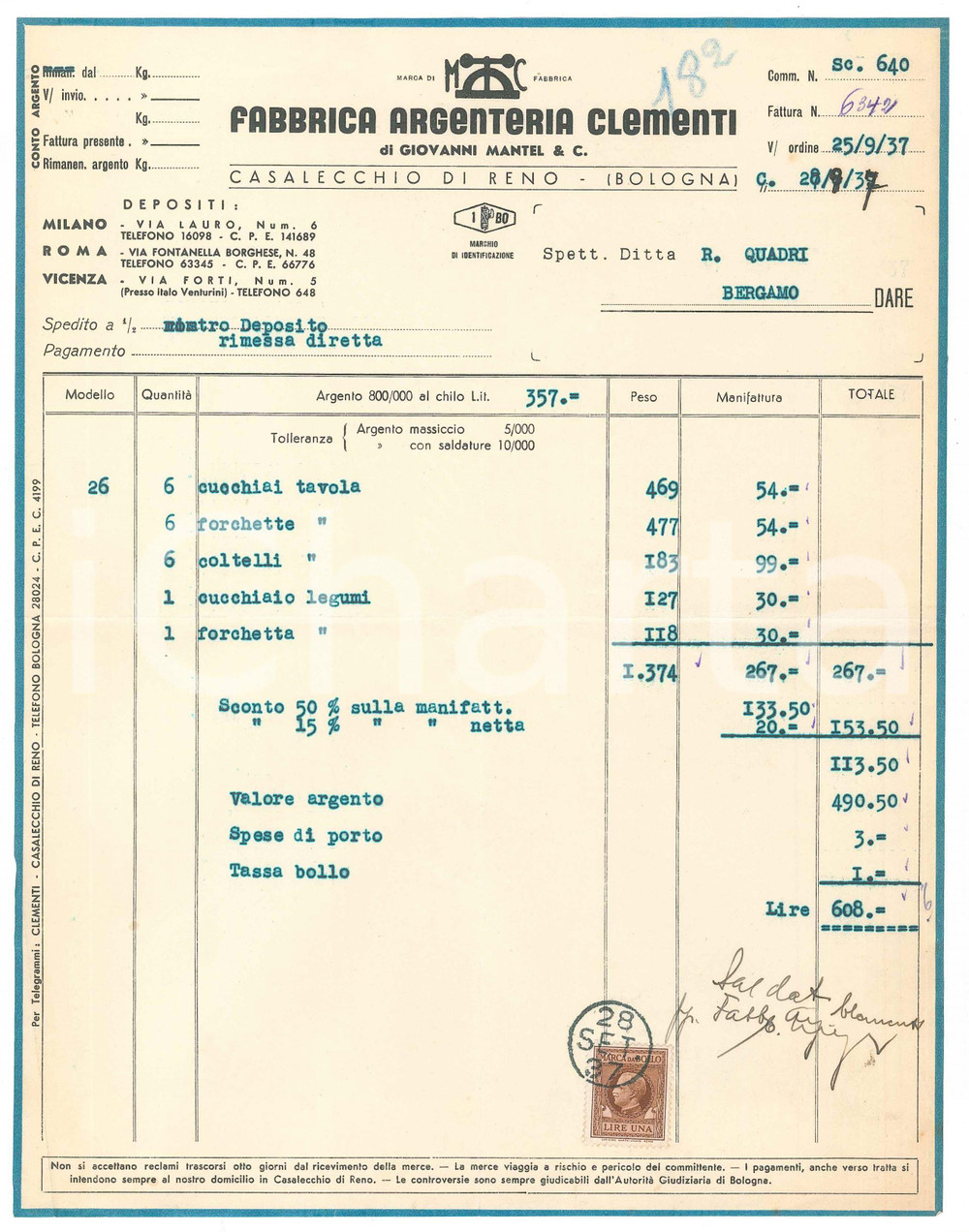 Documento originale, autentico 1937 CASALECCHIO DI RENO Fabbrica argenterie CLEMENTI Fattura cucchiaio legumi 1