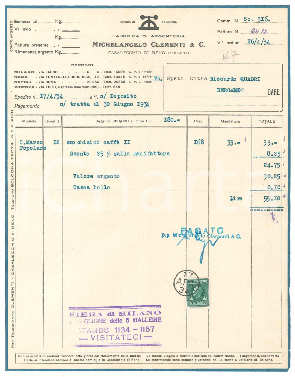 Documento originale, autentico 1937 CASALECCHIO DI RENO Fabbrica argenterie CLEMENTI Fattura cucchiaini caffè 1