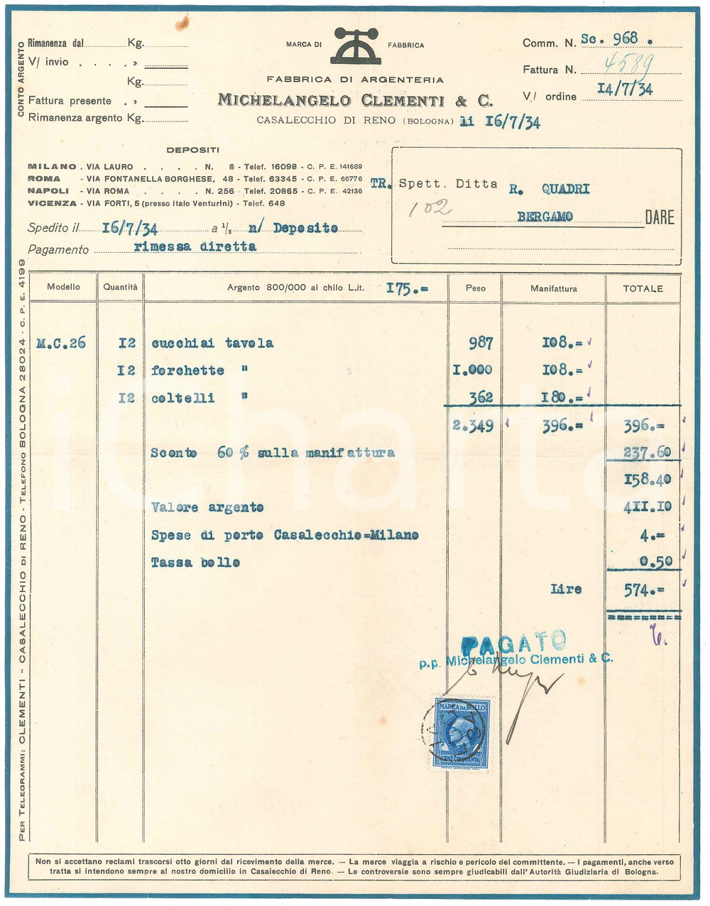 Documento originale, autentico 1934 CASALECCHIO DI RENO Fabbrica argenterie CLEMENTI Fattura per coltelli 1 1