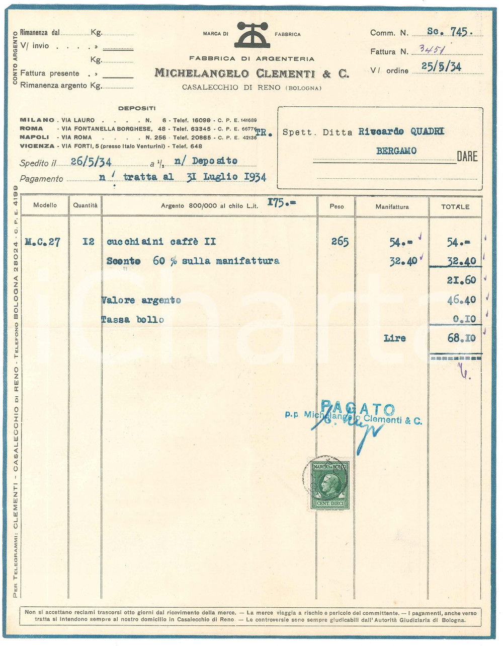 Documento originale, autentico 1934 CASALECCHIO DI RENO Fabbrica argenterie CLEMENTI Fattura cucchiaini caffè 1 1