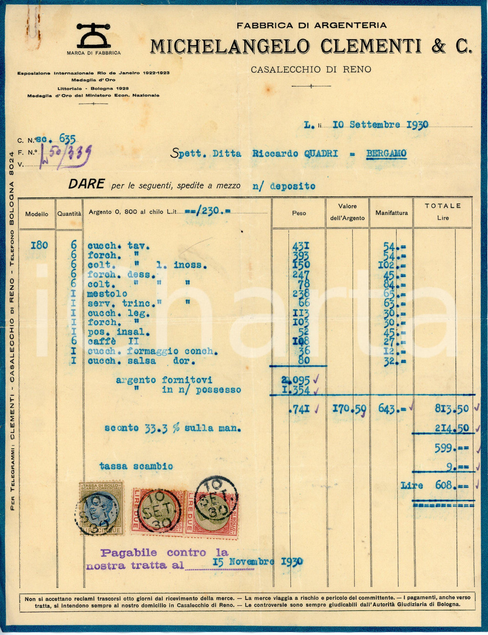 Documento originale, autentico 1934 CASALECCHIO DI RENO Fabbrica argenterie CLEMENTI Fattura cucchiaio da salsa 1