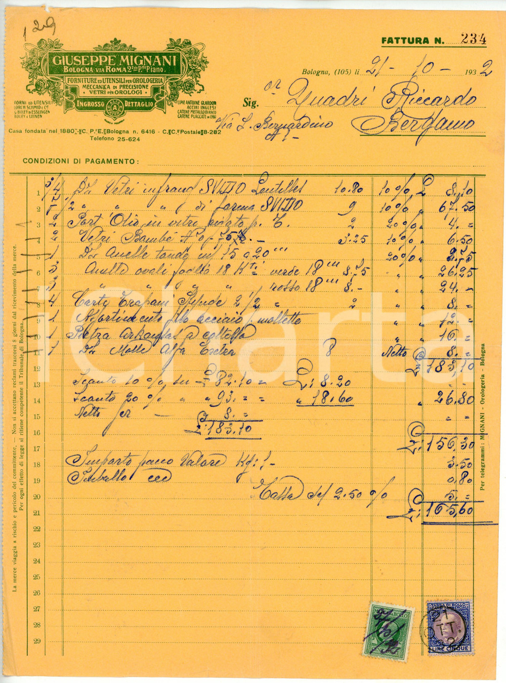 Documento originale, autentico 1932 BOLOGNA Via Roma  Giuseppe MIGNANI Utensili per orologeria  Fattura 1