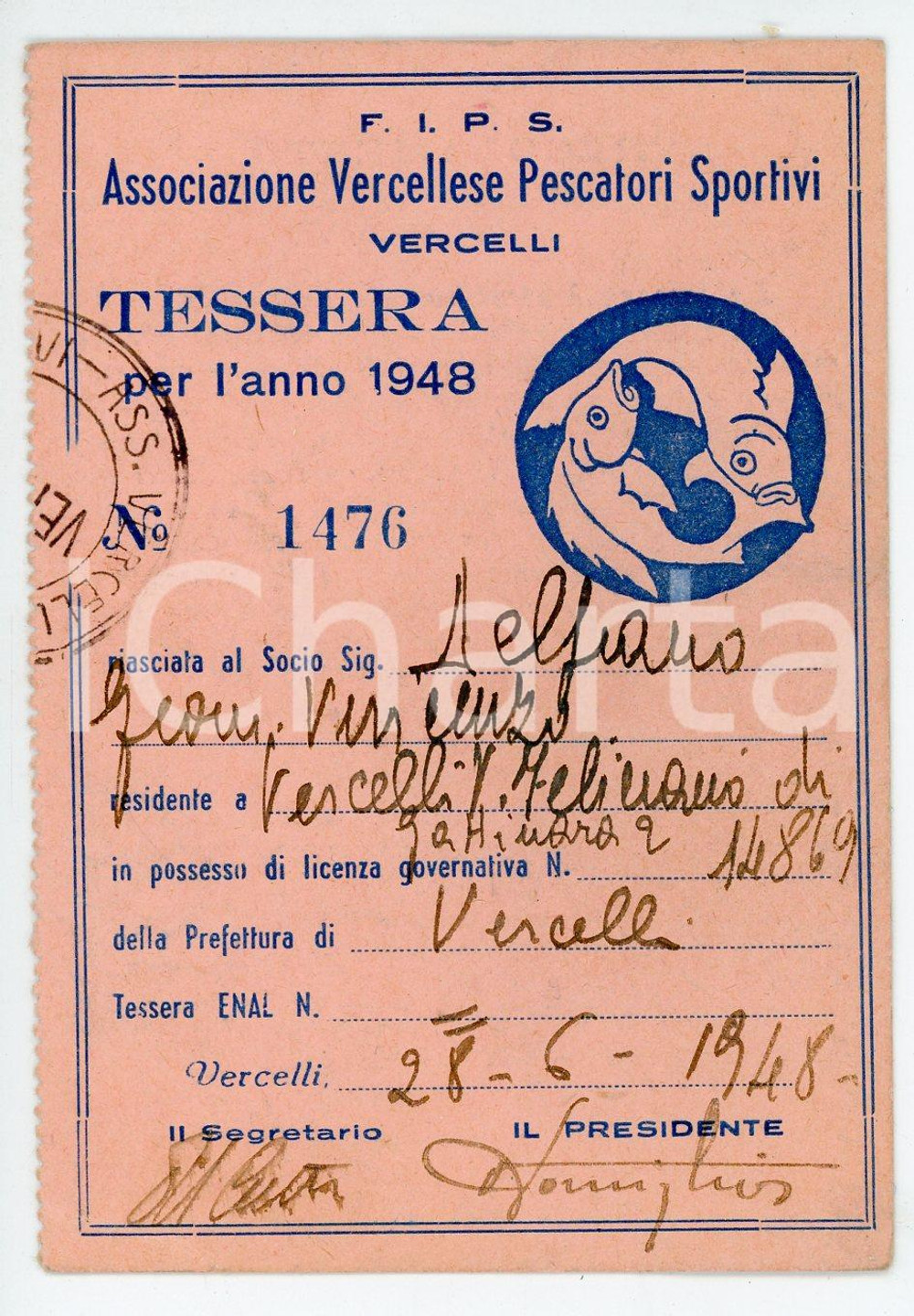 Oggetto da collezione cartaceo 1948 VERCELLI Associazione vercellese pescatori sportivi  Tessera FIPS 1